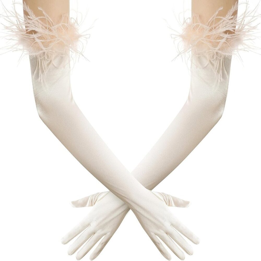 Long Satin Opera Gloves Champagne Feather Elbow Gloves for Formal Events